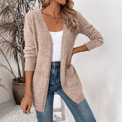 Open Front Knit Cardigan with Front Pockets and Ribbed Cuffs