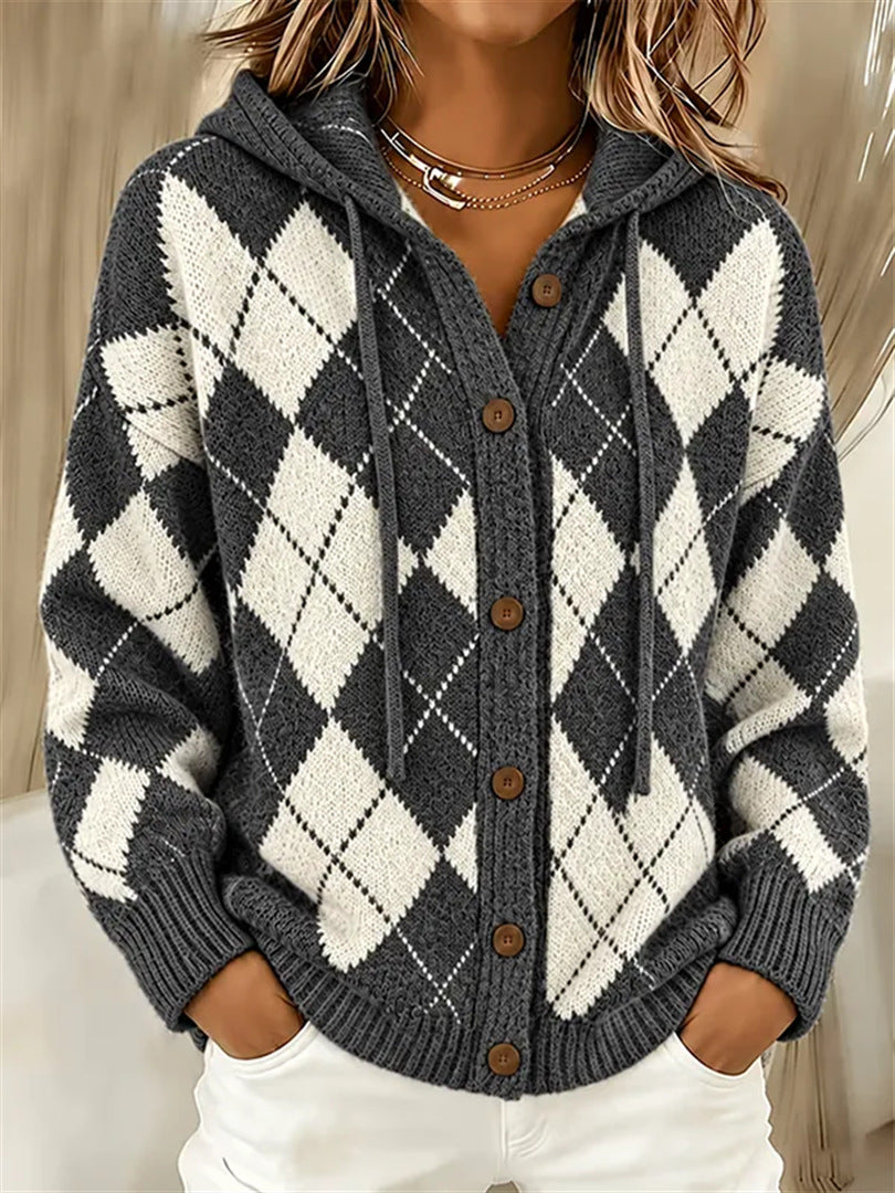 Heritage Argyle Knit Cardigan with Drawstring Hood