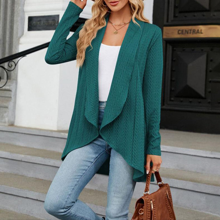 Open Front Long Cardigan with Draped Collar and Textured Knit