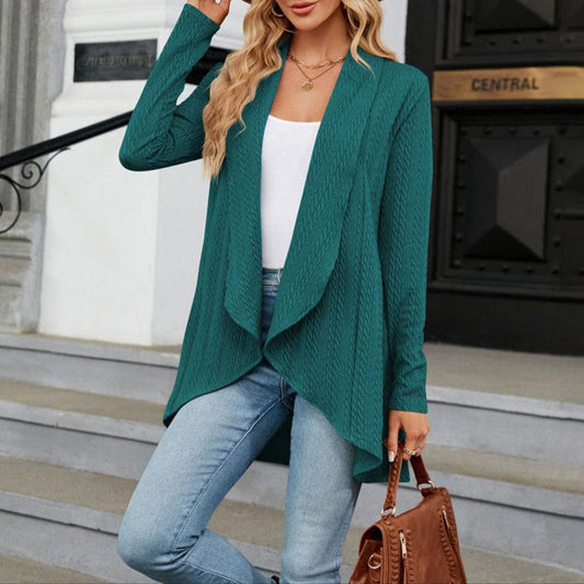 Open Front Long Cardigan with Draped Collar and Textured Knit