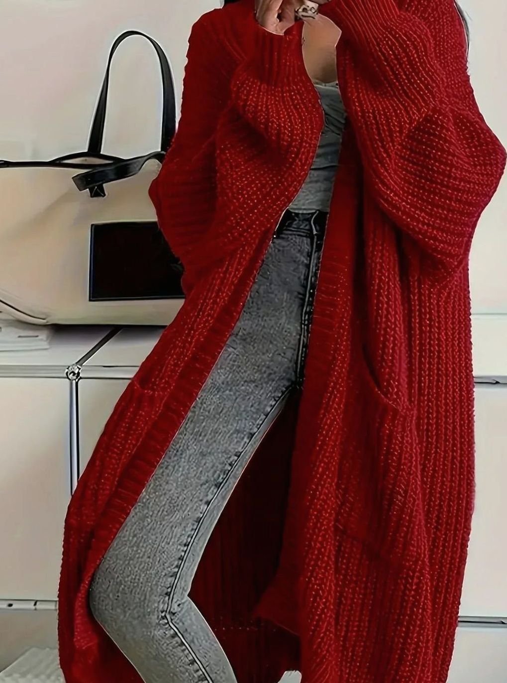 Oversized Long Chunky Knit Cardigan with Side Pockets
