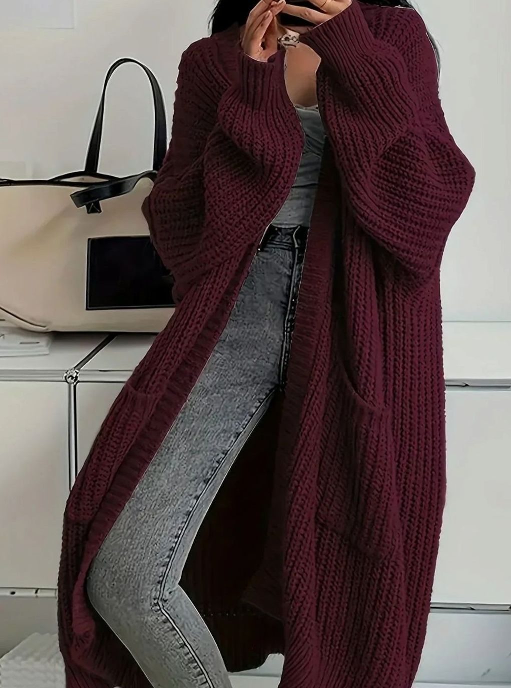 Oversized Long Chunky Knit Cardigan with Side Pockets