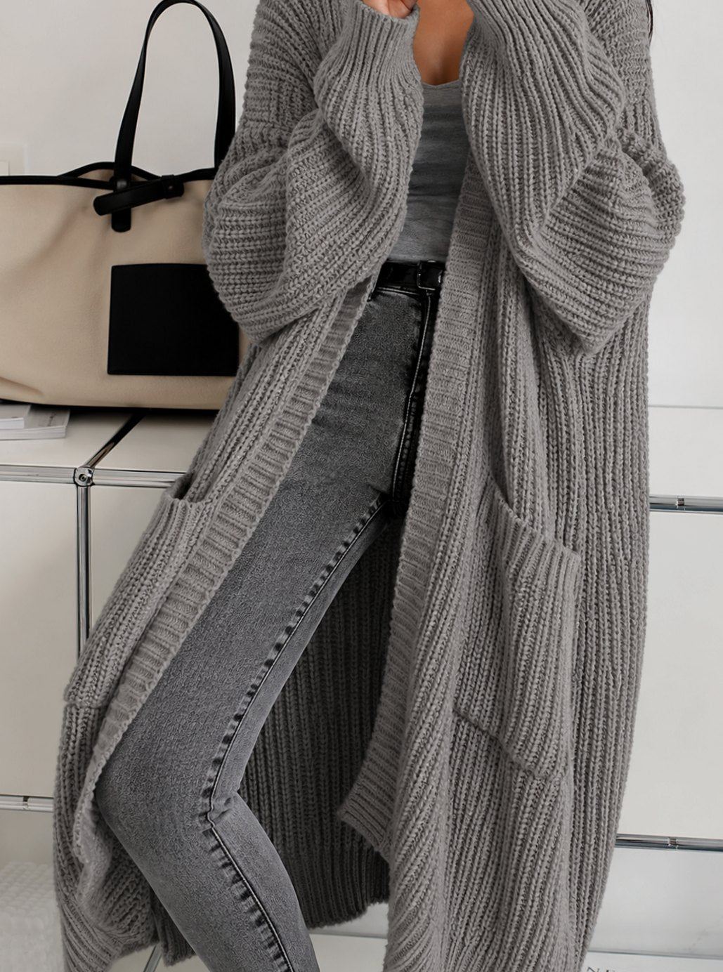 Oversized Long Chunky Knit Cardigan with Side Pockets