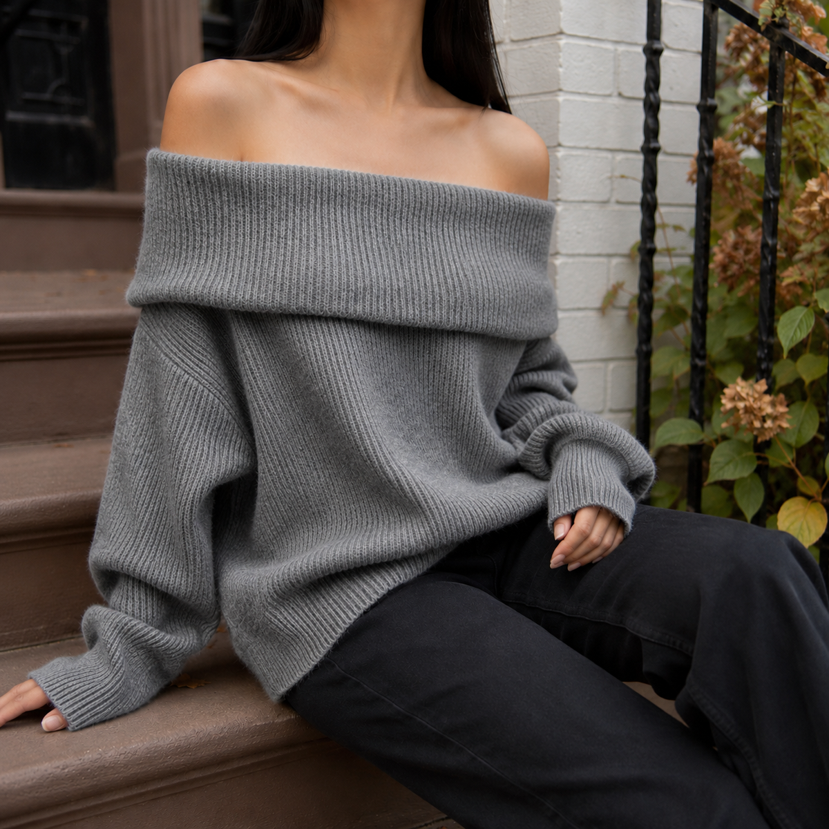 Oversized Off Shoulder Sweater with Fold-Over Neckline