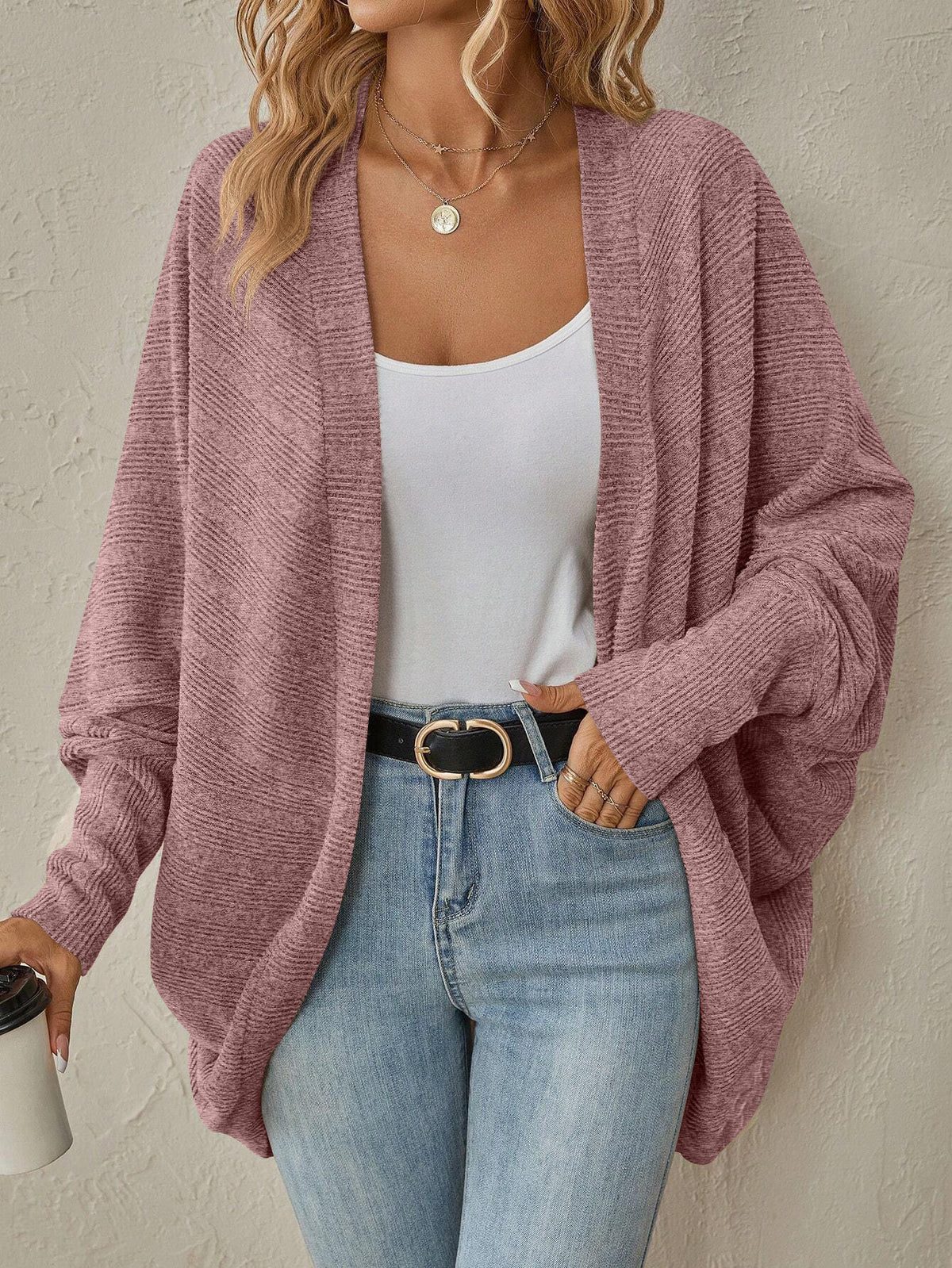 Oversized Open Front Cardigan with Wide Sleeves and Ribbed Knit
