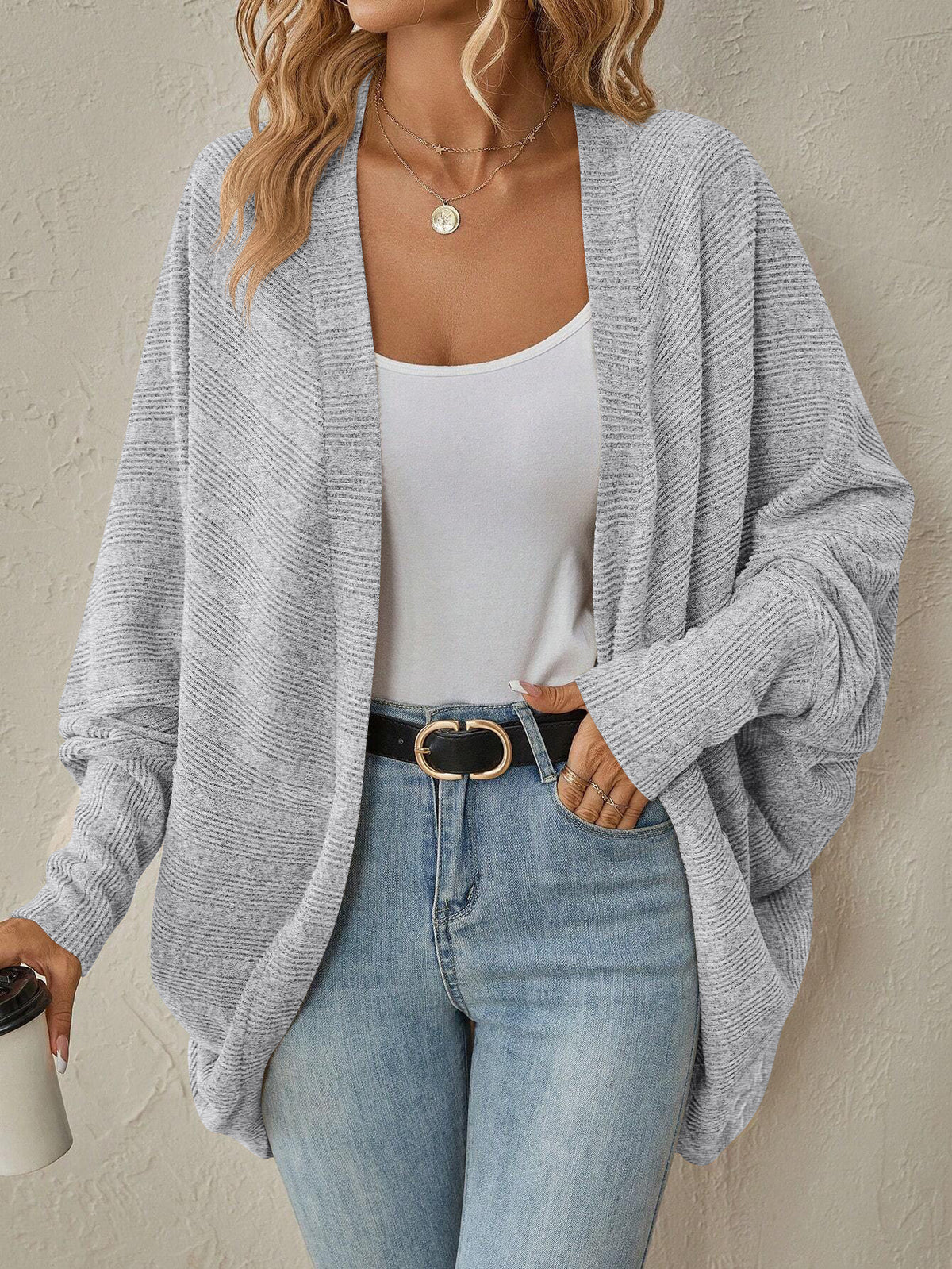 Oversized Open Front Cardigan with Wide Sleeves and Ribbed Knit