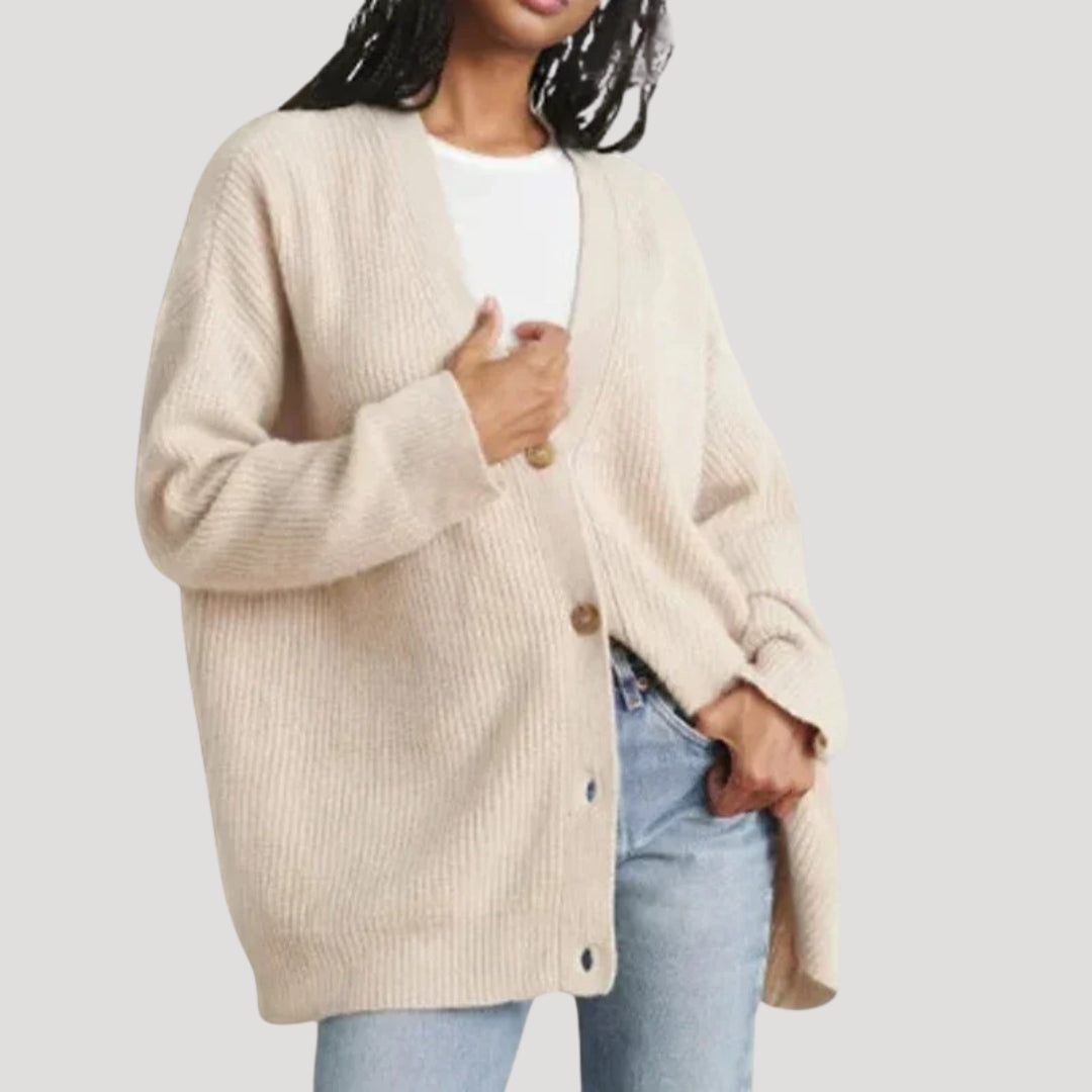 Oversized Ribbed Knit Cardigan with V-Neckline