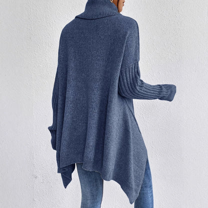 Oversized Turtleneck Sweater with Asymmetric Hem and Ribbed Sleeves