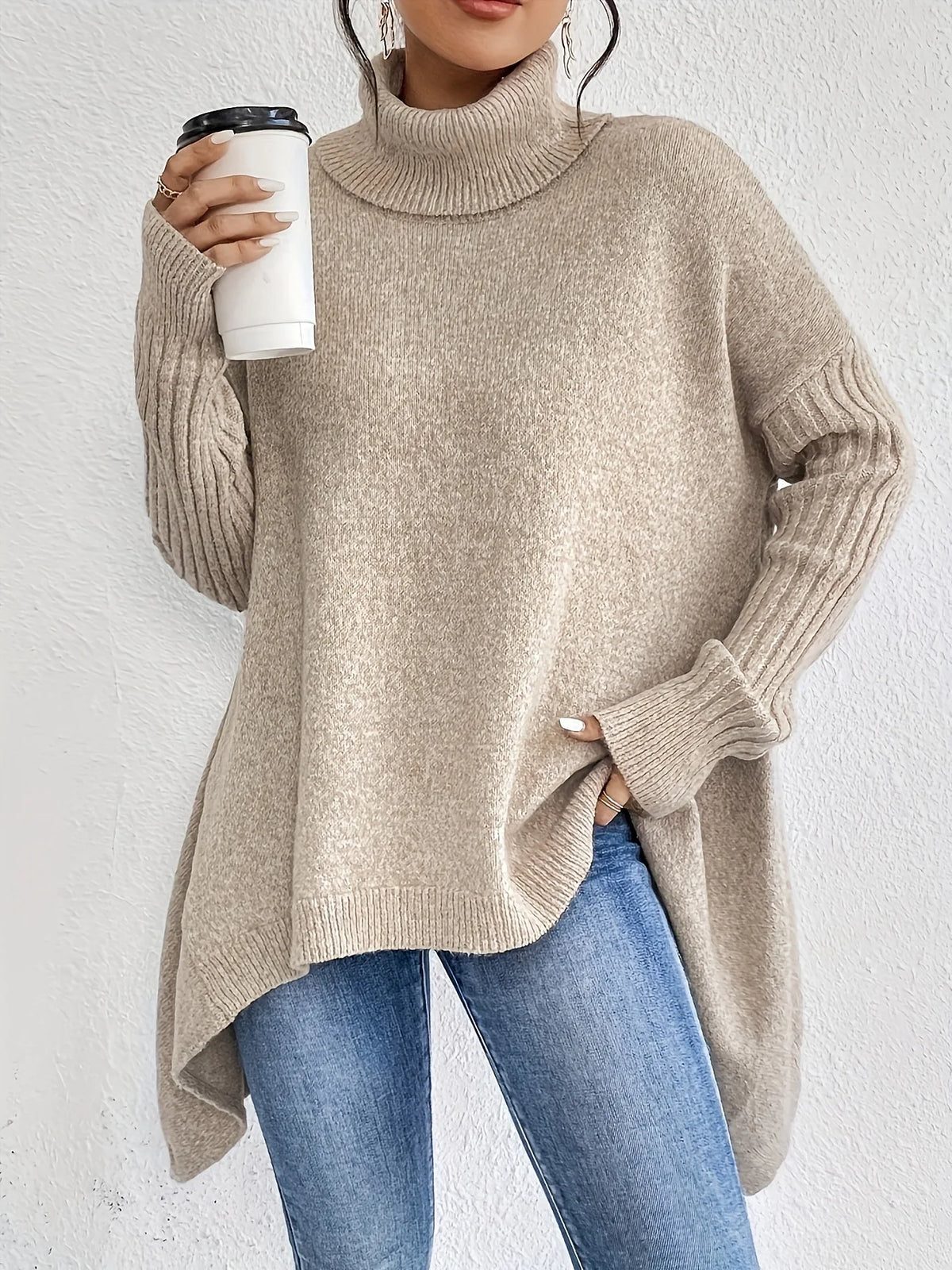 Oversized Turtleneck Sweater with Asymmetric Hem and Ribbed Sleeves