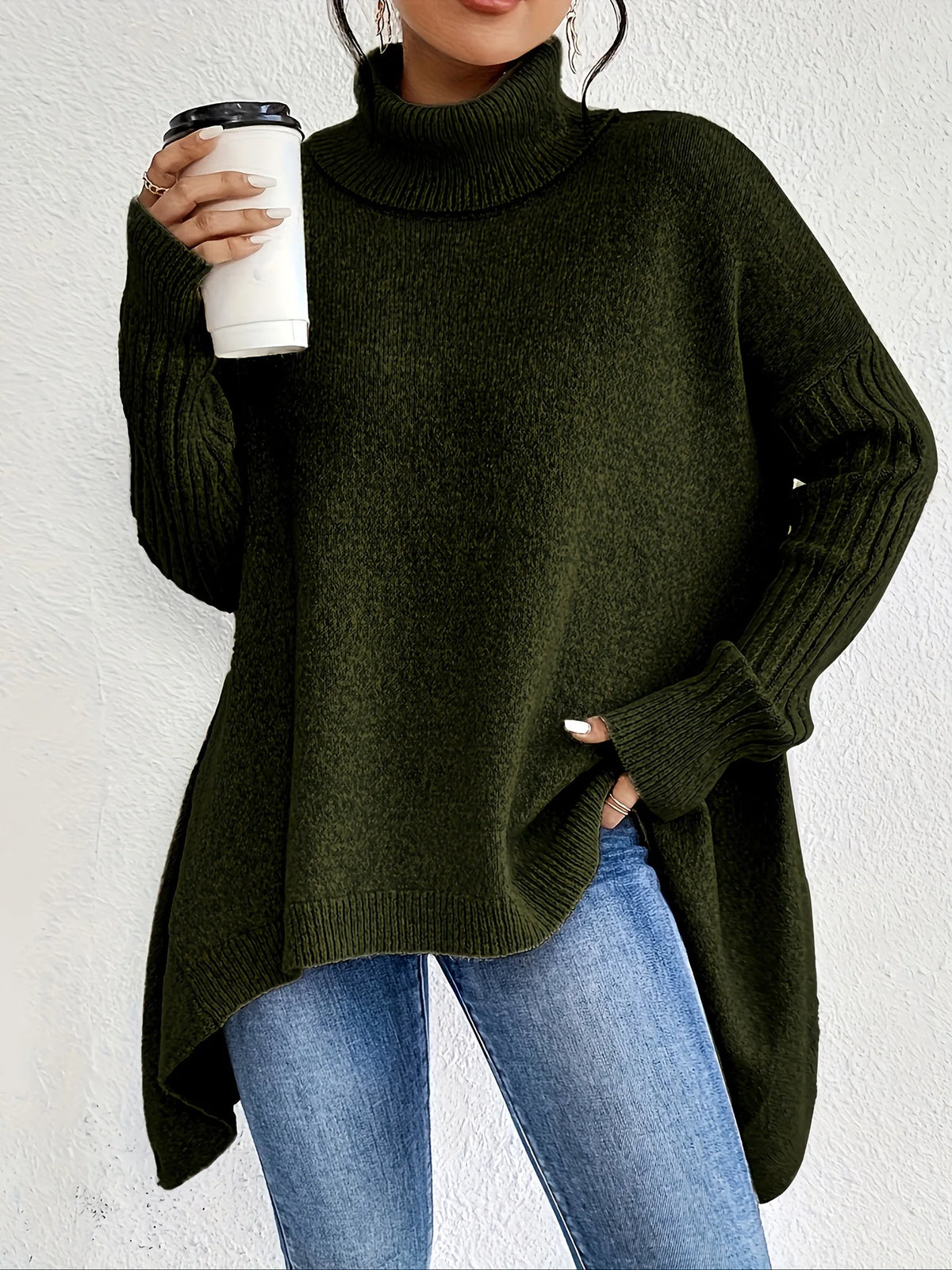 Oversized Turtleneck Sweater with Asymmetric Hem and Ribbed Sleeves
