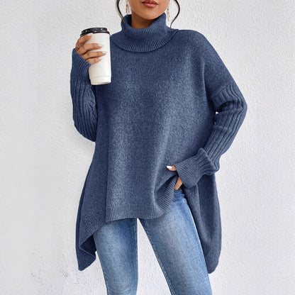 Oversized Turtleneck Sweater with Asymmetric Hem and Ribbed Sleeves