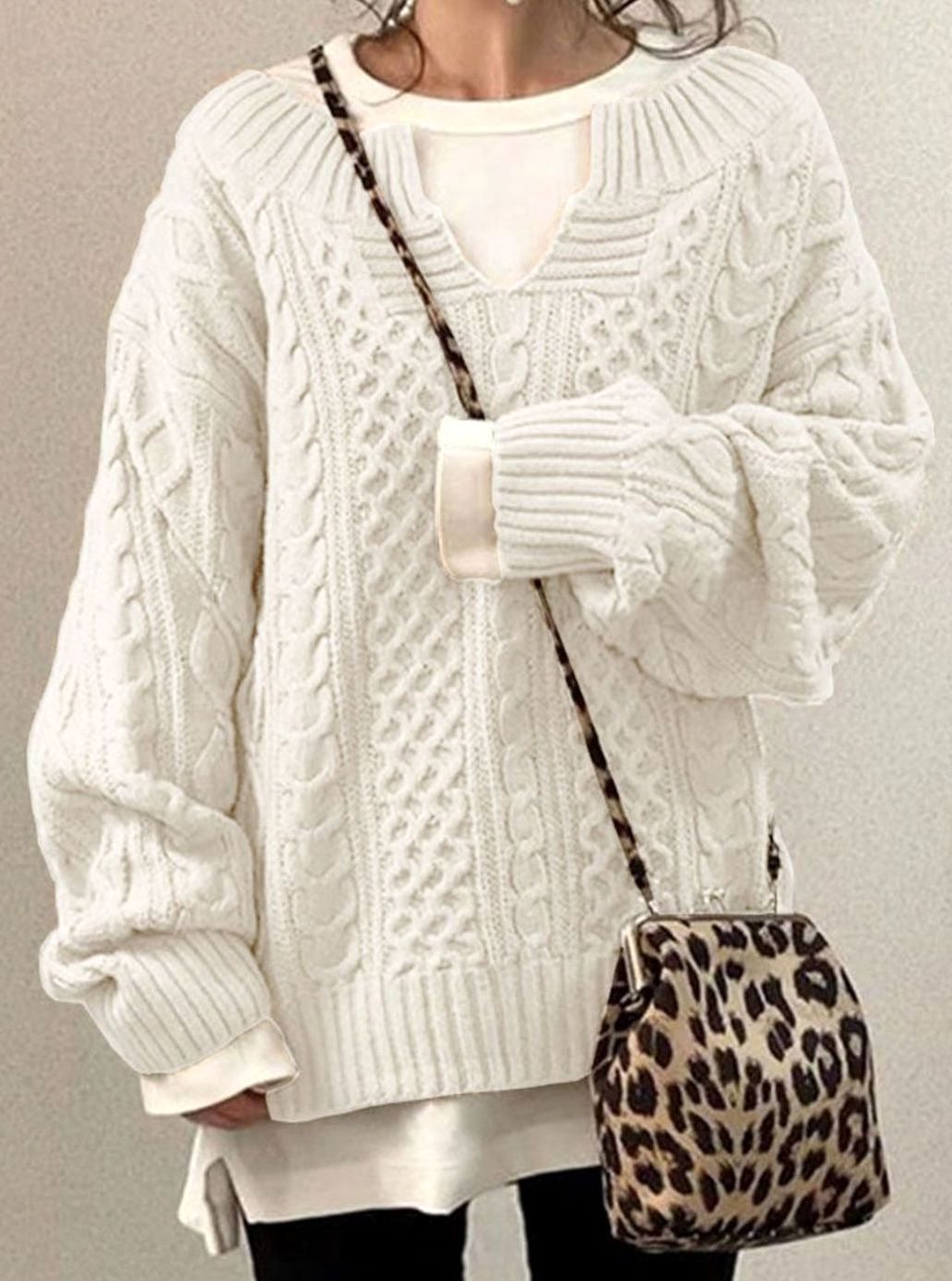 Chunky Cable Knit Oversized Sweater with V-Neckline