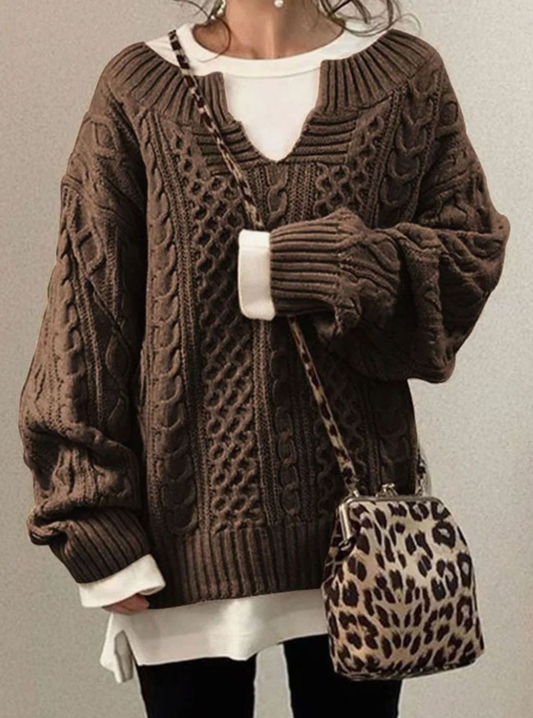 Chunky Cable Knit Oversized Sweater with V-Neckline