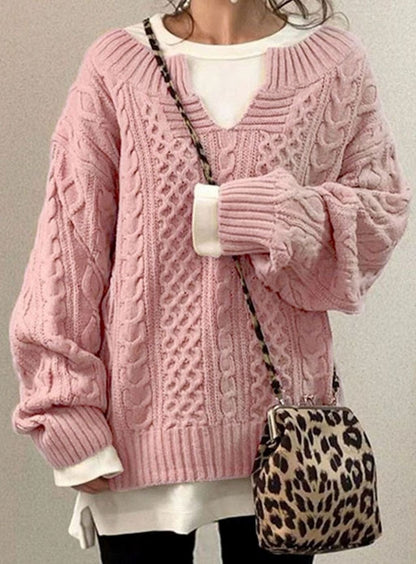 Chunky Cable Knit Oversized Sweater with V-Neckline