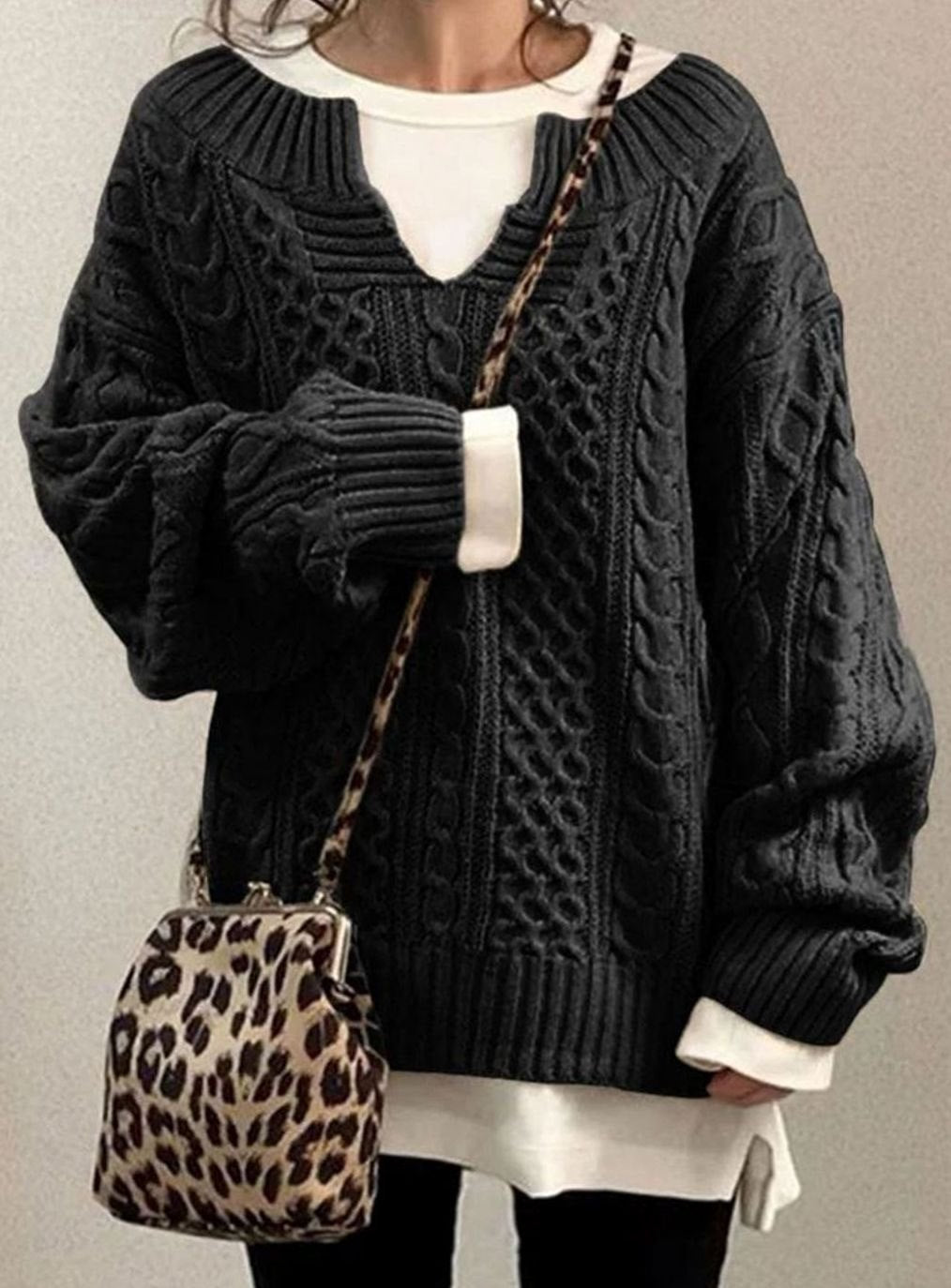 Chunky Cable Knit Oversized Sweater with V-Neckline