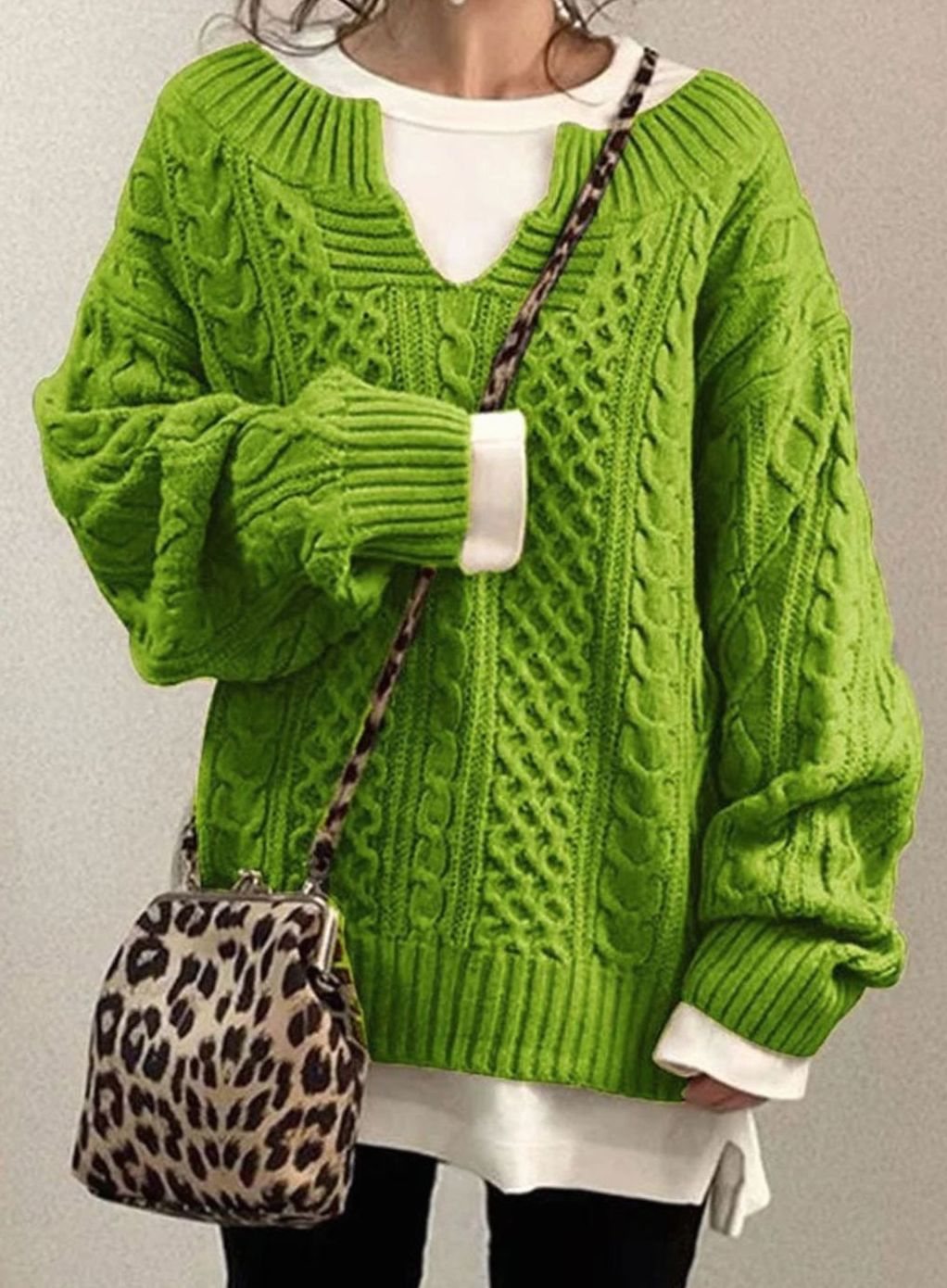 Chunky Cable Knit Oversized Sweater with V-Neckline