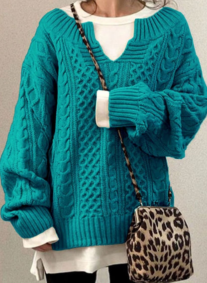 Chunky Cable Knit Oversized Sweater with V-Neckline
