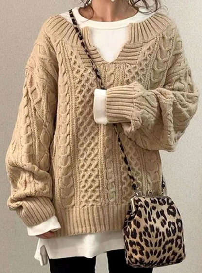 Chunky Cable Knit Oversized Sweater with V-Neckline