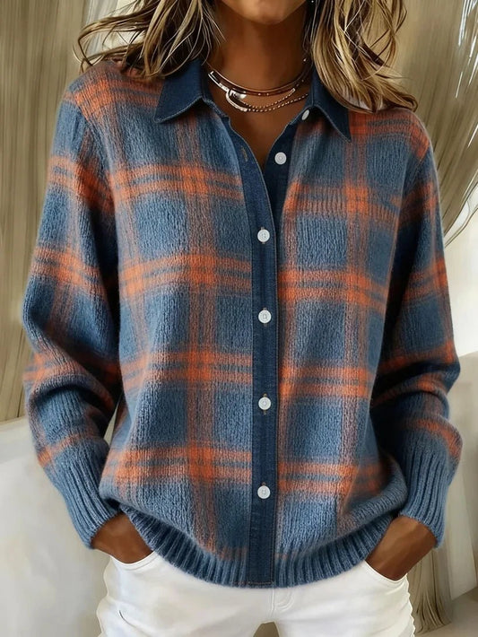 Plaid Knit Cardigan with Shirt Collar in Blue and Rust