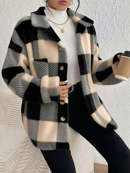 Plush Check Shacket with Gold Buttons