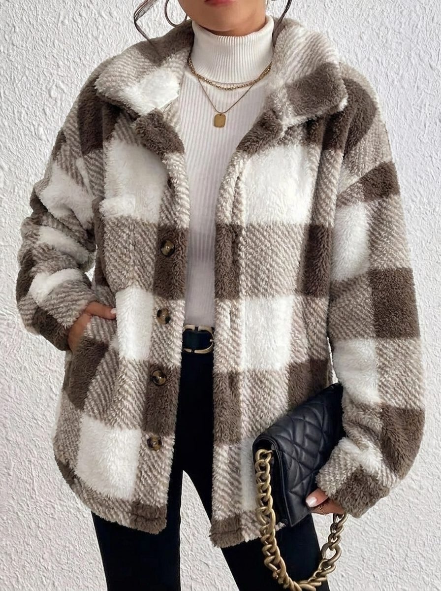 Plush Check Shacket with Gold Buttons