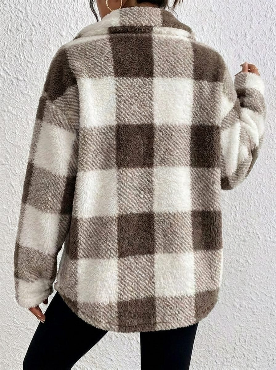 Plush Check Shacket with Gold Buttons