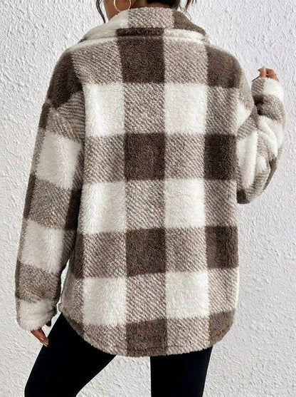 Plush Check Shacket with Gold Buttons