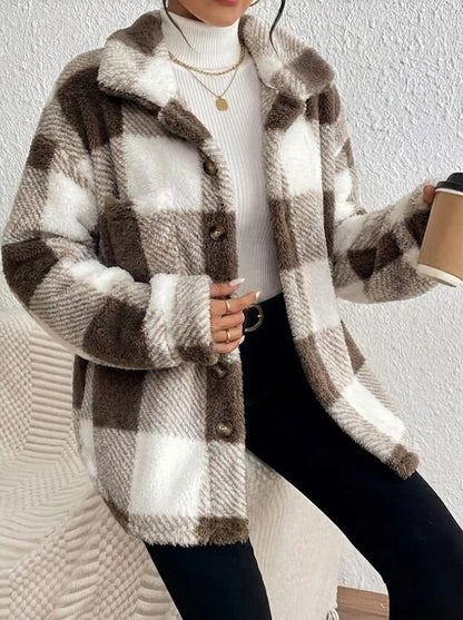 Plush Check Shacket with Gold Buttons
