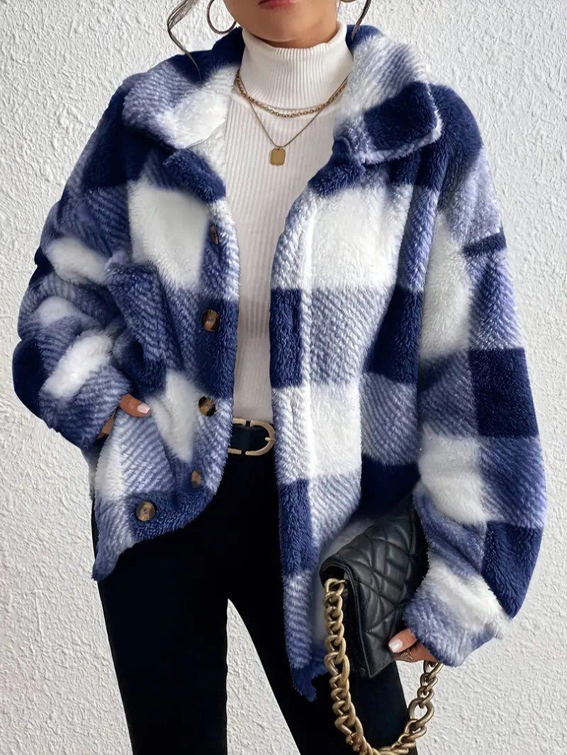 Plush Check Shacket with Gold Buttons