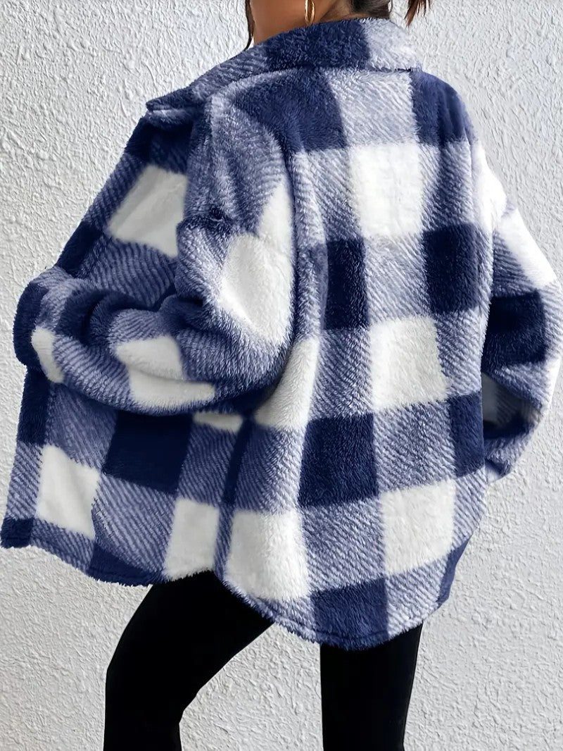 Plush Check Shacket with Gold Buttons