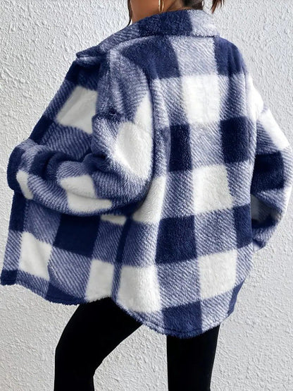 Plush Check Shacket with Gold Buttons