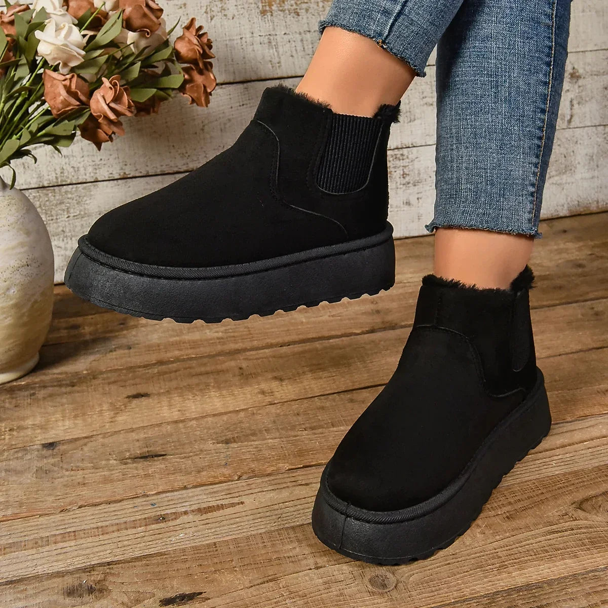 Plush Fur Lined Suede Platform Ankle Boots with Elastic Gore