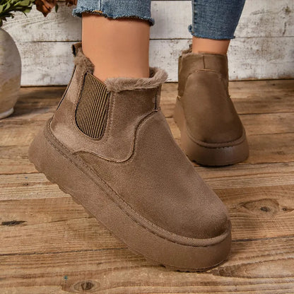 Plush Fur Lined Suede Platform Ankle Boots with Elastic Gore
