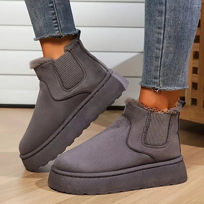 Plush Fur Lined Suede Platform Ankle Boots with Elastic Gore