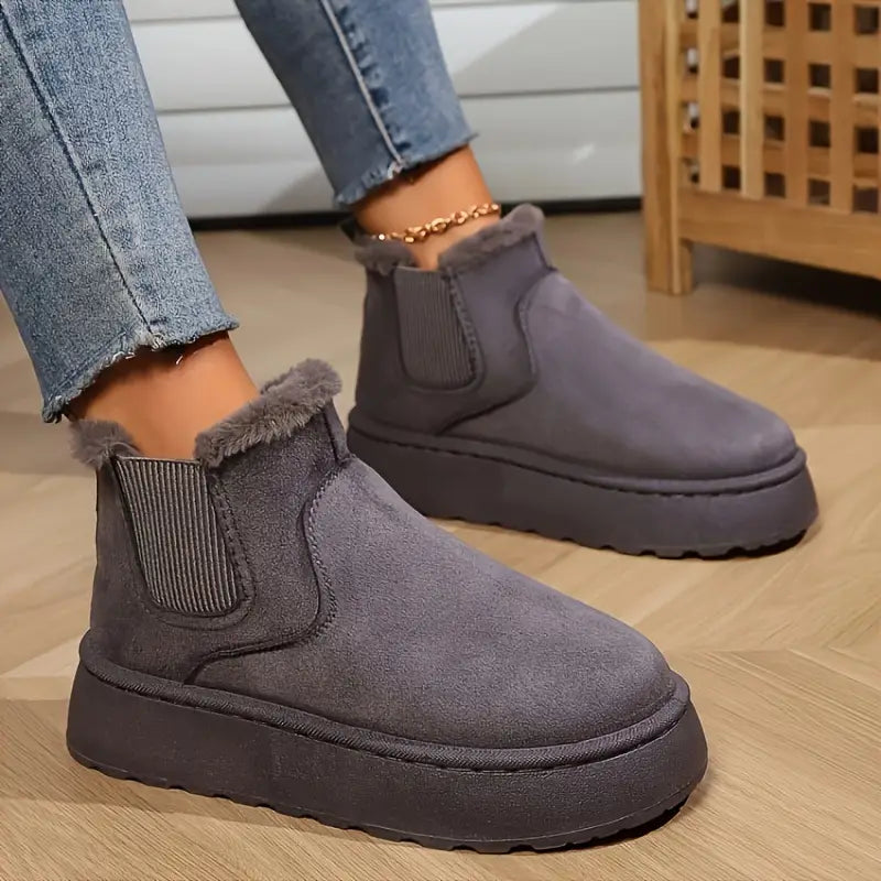Plush Fur Lined Suede Platform Ankle Boots with Elastic Gore