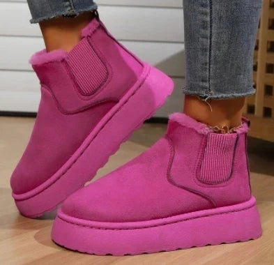 Plush Fur Lined Suede Platform Ankle Boots with Elastic Gore