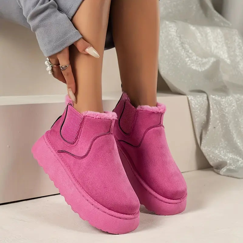 Plush Fur Lined Suede Platform Ankle Boots with Elastic Gore