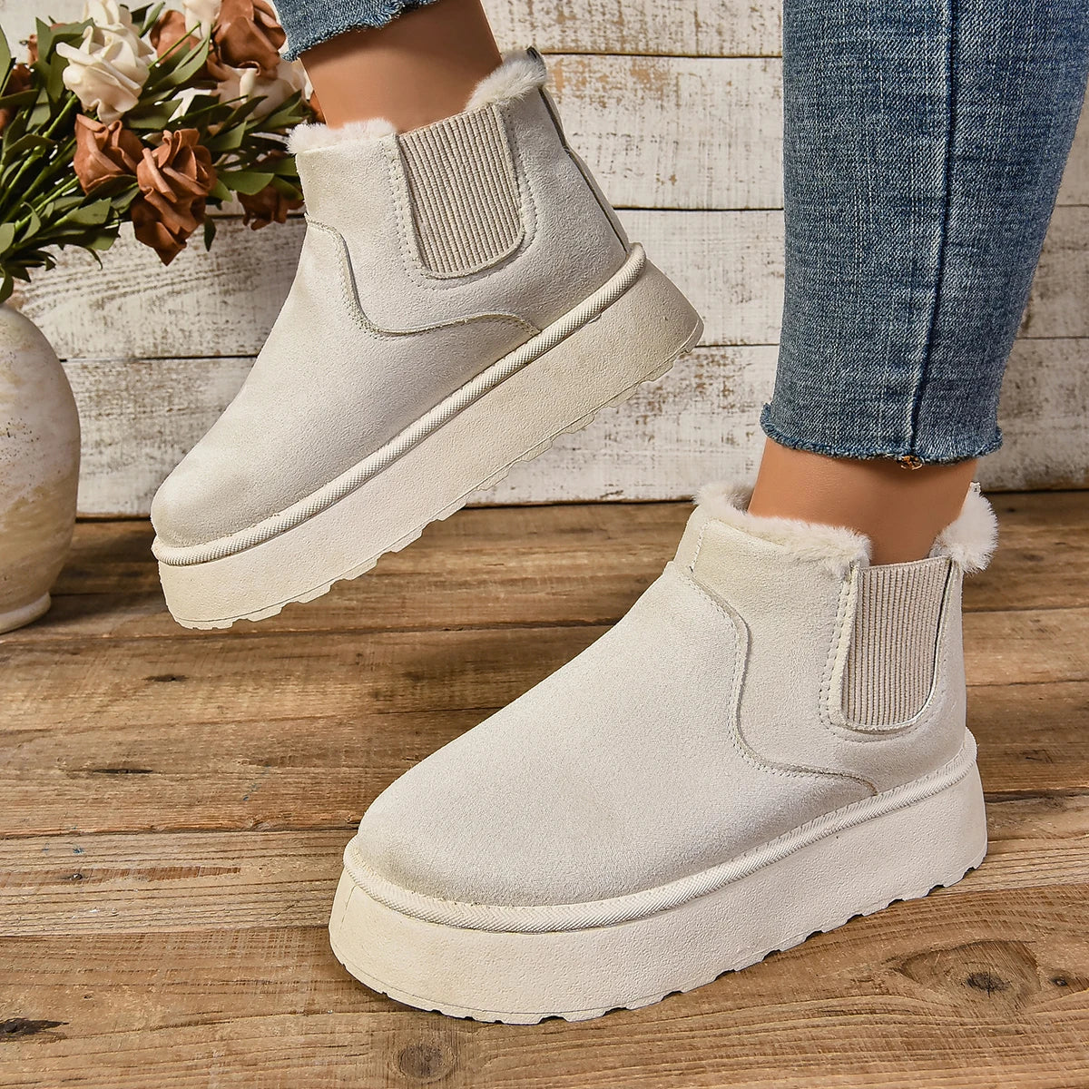 Plush Fur Lined Suede Platform Ankle Boots with Elastic Gore