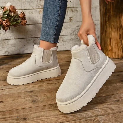 Plush Fur Lined Suede Platform Ankle Boots with Elastic Gore