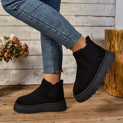 Plush Fur Lined Suede Platform Ankle Boots with Elastic Gore