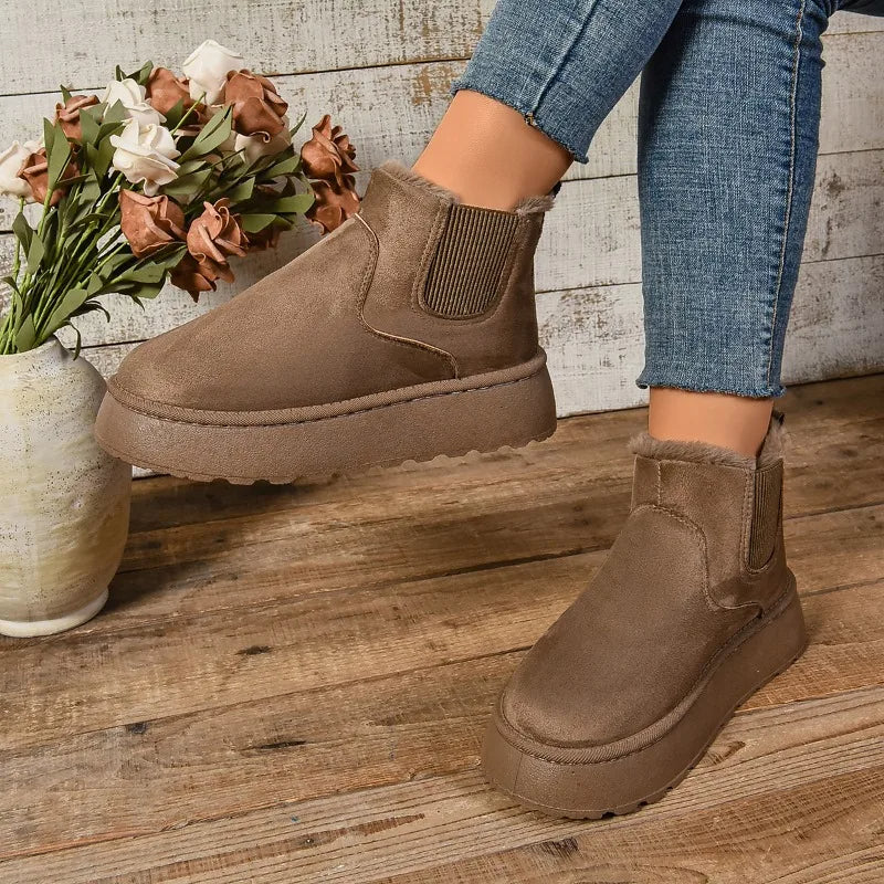 Plush Fur Lined Suede Platform Ankle Boots with Elastic Gore