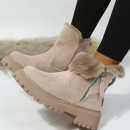 Plush Fur Trim Suede Ankle Boots with Chunky Platform Sole