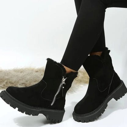 Plush Fur Trim Suede Ankle Boots with Chunky Platform Sole