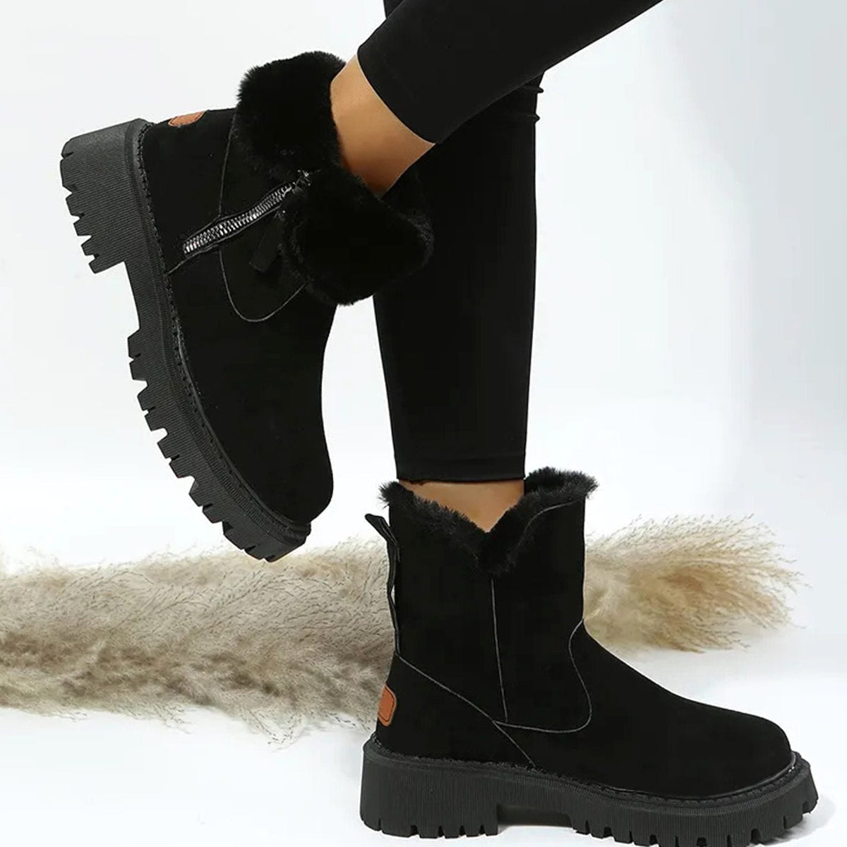 Plush Fur Trim Suede Ankle Boots with Chunky Platform Sole