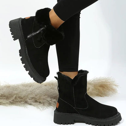 Plush Fur Trim Suede Ankle Boots with Chunky Platform Sole