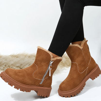 Plush Fur Trim Suede Ankle Boots with Chunky Platform Sole