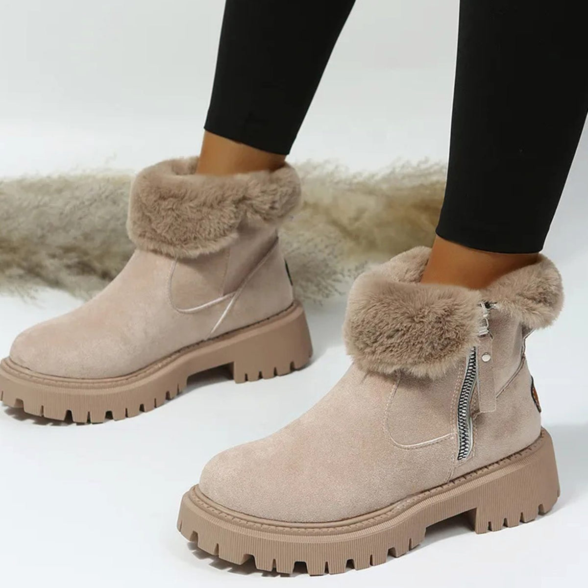 Plush Fur Trim Suede Ankle Boots with Chunky Platform Sole