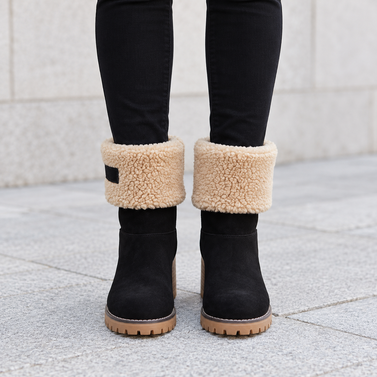 Plush Suede Winter Boots with Sherpa Cuff and Block Heel