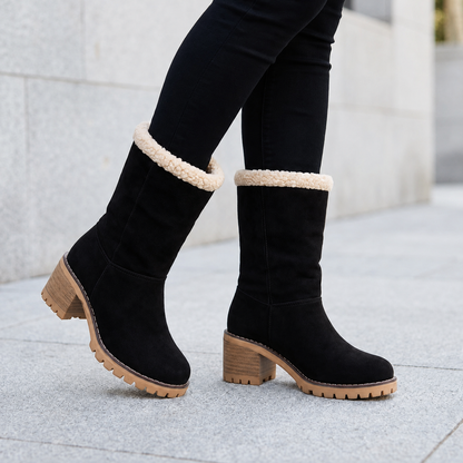 Plush Suede Winter Boots with Sherpa Cuff and Block Heel