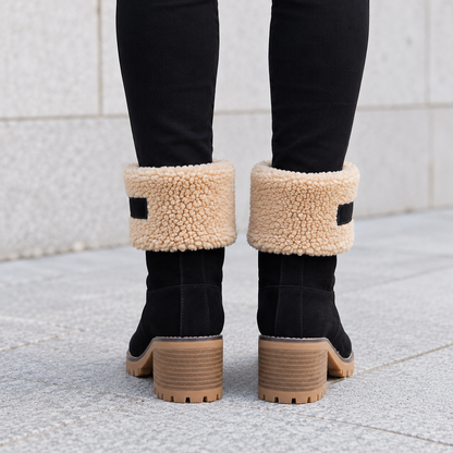 Plush Suede Winter Boots with Sherpa Cuff and Block Heel
